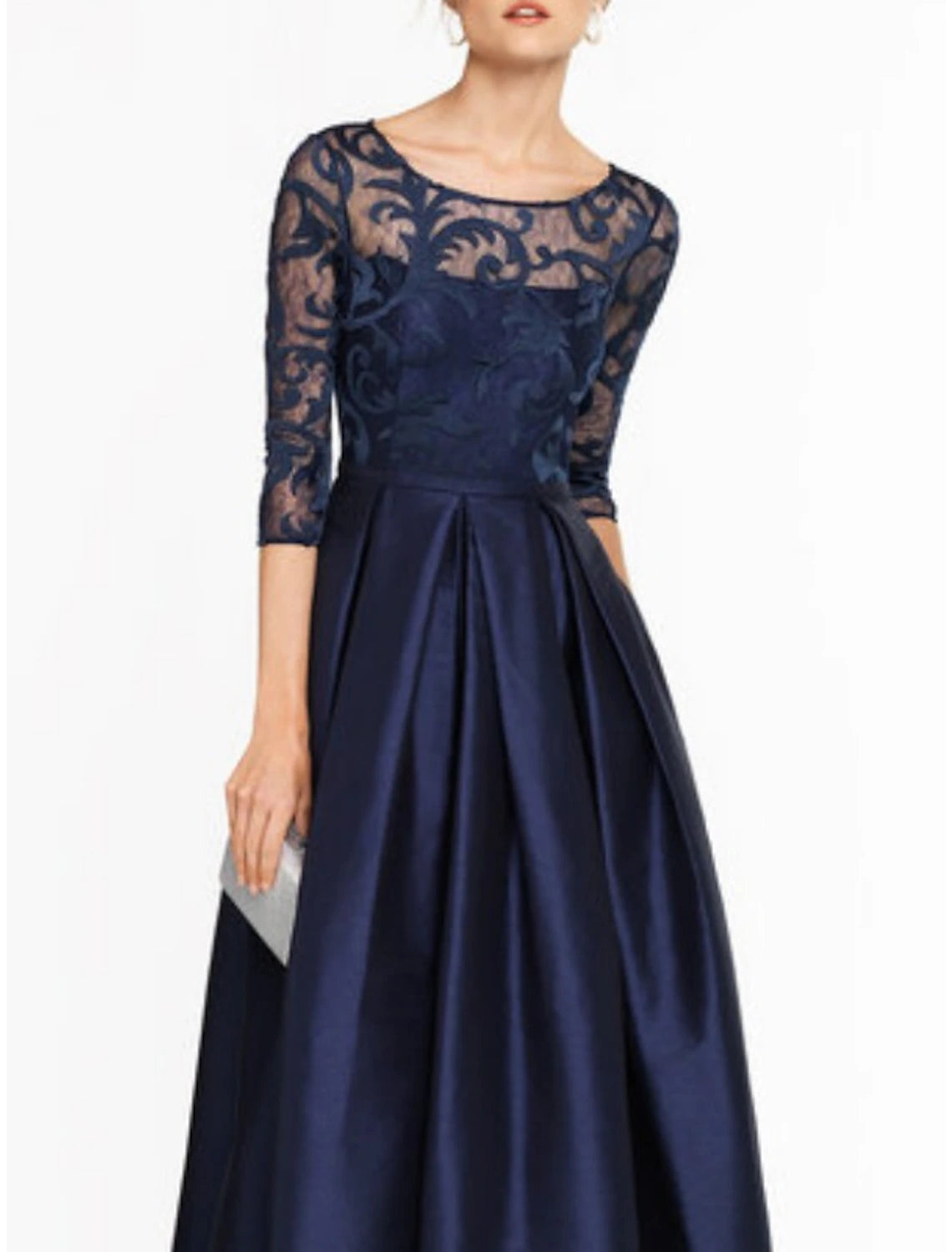 Wholesale A-Line Mother of the Bride Dress Wedding Guest Vintage Elegant Jewel Neck Floor Length Satin Lace 3/4 Length Sleeve with Pleats Solid Color